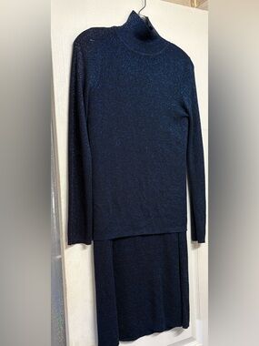 NWOT Never Fully Dressed Navy Shimmer Turtleneck & Maxi Skirt Sweater Set sz L